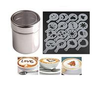 Set di stencil per cacao, caffè, cappuccino, idea regalo | Set di 16 accessori per caffè con stampa fantasia, spray in schiuma, stencil per torte, colino per zucchero a velo