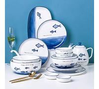 Set di stoviglie 2021, Set di stoviglie in Ceramica, Set di stoviglie in Porcellana Sfumata Blu da 43 Pezzi, Ciotole per Cereali e Piatti da Bistecca con Motivo Oceano per riunioni di Famiglia