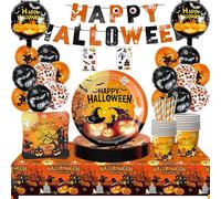 Set di Stoviglie a Tema Halloween,Forniture per Feste di Halloween,Kit Hallowee‘n Party Completo di Tovaglie, Piatti di Carta,Tovaglioli, Bicchieri di Carta,Striscioni e Palloncini (16 Ospiti)