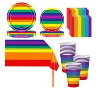 Set di stoviglie arcobaleno per feste di compleanno per bambini, con piatti, tovaglioli, tazze e tovaglia, 69 pezzi, colori assortiti