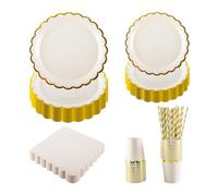 Set di stoviglie beige per feste, 125 pezzi, piatti di carta smerlati beige e laminati dorati, bicchieri, tovaglioli, cannucce per 25 ospiti, forniture per feste per compleanni, picnic, matrimoni