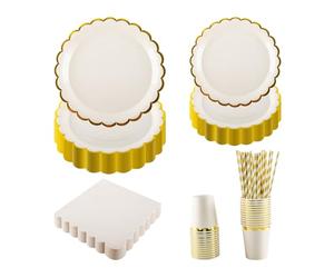 Set di stoviglie beige per feste, 125 pezzi, piatti di carta smerlati beige e laminati dorati, bicchieri, tovaglioli, cannucce per 25 ospiti, forniture per feste per compleanni, picnic, matrimoni
