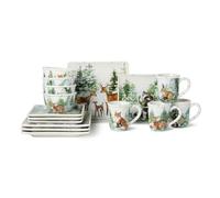 Set di stoviglie da 16 pezzi Winter Cabin, SERVIZIO per 4 - Quattro posti completi vivi di pini spolverati di neve, un"accogliente capanna di tronchi, e le affascinanti creature boschive di un inverno