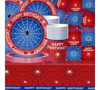 Set di stoviglie da 61 pezzi con ragno rosso e blu, motivo supereroi, colori rossi e blu, decorazione di compleanno, tovaglia, bicchieri di carta, tovaglioli, piatti di carta, adatti per 20 ospiti