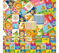 Set di stoviglie da 61 pezzi per feste a tema animali con decorazioni per feste di compleanno con leoni, volpi e zebre, tovaglie, bicchieri di carta, tovaglioli e piatti di carta, adatto per 20 ospiti