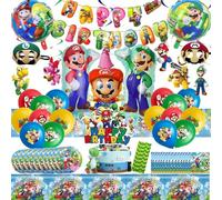 Set di stoviglie decorative per compleanno bambini da 87 pezzi, Include striscione, Decorazione per torta, Tovaglia, Piatti di carta, Palloncino, Tovaglioli carta, Spirali appese, Benda sull'occhio