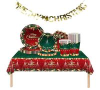 Set di stoviglie di carta natalizia, 70 pezzi, rosso verde, ghirlanda di Natale, piatti di carta, tovaglioli, tovaglia e striscioni di Natale per 16 ospiti, decorazione natalizia