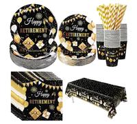 Set di stoviglie di lusso per feste di pensionamento, 121 pezzi, colore nero e oro, per 24 ospiti, piatti, tovaglioli e decorazioni di carta di alta qualità, eleganti regali di pensionamento per