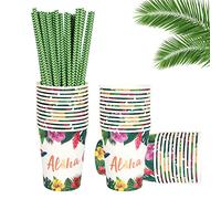 Set di stoviglie hawaiane Aloha 48 pezzi, 24 bicchieri e 24 cannucce, Luau Tropical Tiki Summer Pool Set da tavola verde