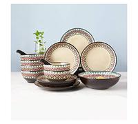 Set di Stoviglie in Ceramica con Motivo Geometrico retrò, Piatto da Portata Antiaderente con Smalto Reattivo, Set di Stoviglie da 18 Pezzi per 6 Persone, Cottura Ad Alta Temperatura
