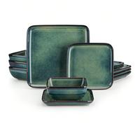 Set di stoviglie in ceramica grande da 12 pezzi con smalto verde trattato al forno, composto da piatti piani, piatti da dessert e ciotole (4 ciascuno) per 4 persone Include piatto da 4 pezzi + piatto 