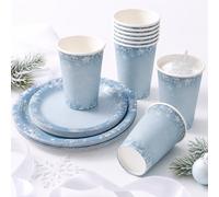 Set di stoviglie monouso per 20 persone, a tema fiocchi di neve blu, per feste invernali, include piatti, bicchieri e tovaglioli di carta Piatti da 9 pollici*20 pezzi,Piatti da 7 pollici * 20 pezzi,Pi