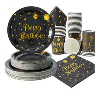 Set di stoviglie monouso per compleanno, piatti, bicchieri, tovaglioli monouso da 7/9 pollici neri e oro, piatti e tovaglioli di carta monouso adatti per feste di compleanno, adatti per riunioni, deco