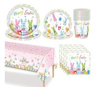 Set di Stoviglie Pasquali, 81 Pezzi Stoviglie per Feste di Pasqua, Striscione Con Uova Stoviglie di Carta per Feste di Pasqua Tovaglie Piatti Bicchieri Tovaglioli di Carta per 20 Ospiti