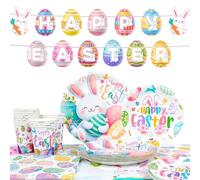 Set di stoviglie pasquali, 82 pezzi, striscione con uova stoviglie di carta per feste di Pasqua tovaglie piatti bicchieri tovaglioli di carta per 20 ospiti