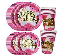 Set di Stoviglie per Buon Compleanno in Rosa Oro - 30 Piatti di Carta, Birthday Party Set, Bicchieri di Carta, Decorazione della Tavola per Ragazze e Ragazzi