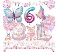 Set di stoviglie per feste a forma di farfalla, 6 anni, decorazione per compleanni, feste, palloncini, piatti di carta, tovaglia per decorazioni di compleanno per ragazze e feste per 16 ospiti