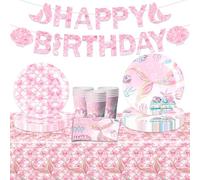 Set di stoviglie per feste a forma di sirena, decorazioni per feste per ragazze, decorazioni di compleanno a sirena, tovaglioli rosa, striscione di compleanno sirena per 16 ospiti