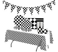Set di Stoviglie per Feste a Scacchiera Nero e Bianco, 52pz Piatti di Carta a Tema Auto da Corsa, Bicchieri, Tovaglioli, Tovaglia e Kit di Bandiere per Festa di Compleanno per Ragazzi e Ragazze