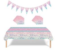 Set di stoviglie per feste a tema sirena per ragazze, 22 pezzi, decorazioni per feste a tema oceano rosa con tovaglia, tovaglioli e striscione - Forniture di compleanno usa e getta per bambini