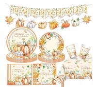 Set di stoviglie per feste autunnali del Ringraziamento, 70 pezzi di zucca autunnale con foglie d'acero, piatti di carta, bicchieri, tovaglioli, tovaglia e striscione felice autunnale, kit per feste