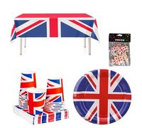Set di stoviglie per feste con bandiera Union Jack: tovaglia, 10 tazze, 10 piatti, 25 tovaglioli e 30 stecchini con bandiera per parata di compleanno del re, celebrazioni britanniche ed eventi reali