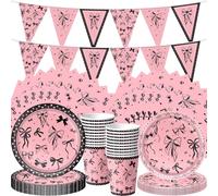 Set di stoviglie per feste con fiocchi neri, set di stoviglie per il primo compleanno, composto da piatti di carta, bicchieri di carta, tovaglioli e bandierine, adatto per una festa di 20 persone