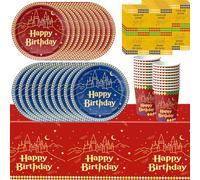 Set di stoviglie per feste da 61 pezzi, nei colori magico rosso e blu, decorazione di compleanno con piume e luna, tovaglie, bicchieri di carta, tovaglioli, piatti di carta, adatto per 20 ospiti