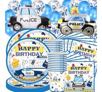 Set di stoviglie per feste di compleanno della polizia, 77 pezzi, accessori per la decorazione di compleanno per bambini, decorazioni per feste di polizia, per 20 persone, piatti, tazze per auto