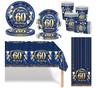 Set di stoviglie per feste di compleanno Navy Blu Oro 60 anni, 69 pezzi, decorazione per 60° compleanno, per uomini e donne, decorazione in blu e oro, piatti di carta, bicchieri, tovaglioli e tovaglia