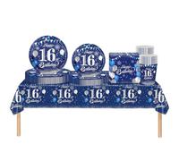 Set di stoviglie per feste per il 16°compleanno ragazza ragazzo,69 pezzi in argento blu navy 16°compleanno decorazioni tovagliolo,piatti di carta,tablecloth,tazze di carta,16° compleanno regalo