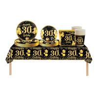Set di stoviglie per feste per il 30°compleanno donne,uomini,69 pezzi oro nero 30°compleanno decorazioni tovagliolo,piatti di carta,tablecloth,tazze di carta,lei e lui30° compleanno regalo decorazione