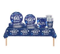 Set di stoviglie per feste per il 60°compleanno donne,uomini,69 pezzi in argento blu navy 60°compleanno decorazioni tovagliolo,piatti di carta,tablecloth,tazze di carta,60° compleanno regalo