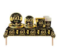 Set di stoviglie per feste per il 60°compleanno donne,uomini,69 pezzi oro nero 60°compleanno decorazioni tovagliolo,piatti di carta,tablecloth,tazze di carta,lei e lui60° compleanno regalo decorazione