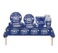 Set di stoviglie per feste per il 80°compleanno donne,uomini,69 pezzi in argento blu navy 80°compleanno decorazioni tovagliolo,piatti di carta,tablecloth,tazze di carta,80° compleanno regalo