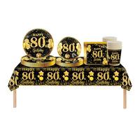 Set di stoviglie per feste per il 80°compleanno donne,uomini,69 pezzi oro nero 80°compleanno decorazioni tovagliolo,piatti di carta,tablecloth,tazze di carta,lei e lui80° compleanno regalo decorazione
