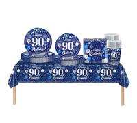 Set di stoviglie per feste per il 90°compleanno donne,uomini,69 pezzi in argento blu navy 90°compleanno decorazioni tovagliolo,piatti di carta,tablecloth,tazze di carta,90° compleanno regalo
