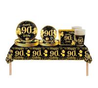 Set di stoviglie per feste per il 90°compleanno donne,uomini,69 pezzi oro nero 90°compleanno decorazioni tovagliolo,piatti di carta,tablecloth,tazze di carta,lei e lui90° compleanno regalo decorazione
