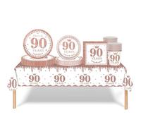 Set di stoviglie per feste per il 90°compleanno,oro rosa bianco,69 pezzi,decorazione per il 90° compleanno, donne,tovagliolo,piatti di carta,tablecloth ,tazze di carta, lei 90° Decorazione da tavolo