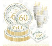 Set di stoviglie per il 60° compleanno con 10 pezzi, piatti, bicchieri e tovaglioli con foglie bianche e dorate, decorazioni per il 60° compleanno per uomini e donne, forniture per feste di 60 anni, b