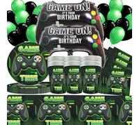 Set di stoviglie per videogiochi, 83 pezzi, accessori per feste, inclusi piatti per videogiochi, tazze, tovaglie, palloncini, stoviglie verdi per amanti del gioco, decorazioni per feste di compleanno