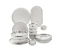 Set Di Stoviglie Piatti in ceramica bianca brillante con bordo argentato, piatti da portata for bistecche, ciotole, piatti da portata in porcellana, set da tavola for hotel for famiglie(4 person set)