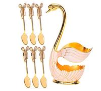 Set di stoviglie Swan Holder, cucchiai da caffè e da dessert con forchette per frutta, elegante set di posate in lega di zinco con base decorativa a forma di cigno per uso domestic (bianco dorato +