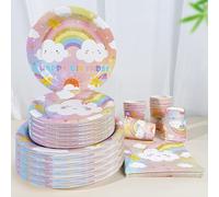 Set di stoviglie usa e getta da 96 pezzi a tema nuvola sognante per feste, con sfondo macaron con nuvola sorridente , per feste di compleanno e feste a tema sognante, set per 24 persone