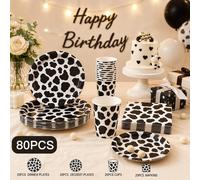 Set di stoviglie usa e getta per festa di compleanno a tema mucca per 20 ospiti - piatti, bicchieri e tovaglioli, forniture per feste a tema fattoria Set/80 pezzi,Piatti da 9 pollici*20 pezzi,Piatti d