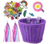 Set di Streamer Cestini per Bici di Bambine, Cestino di Vimini per Manubrio di Bici con Stelle Filanti Colorate Campanello Adesivi, Accessori Decorazione di Bici Ragazze (Viola)