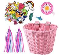 Set di Streamer Cestini per Bici di Bambine, Cestino di Vimini per Manubrio di Bici con Stelle Filanti Colorate Campanello Adesivi, Accessori Decorazione di Bici Ragazze (Rosa)