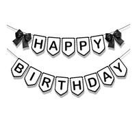 Set di striscioni con fiocco per buon compleanno - Decorazioni per compleanno gotiche con 2 grandi fiocchi neri e striscione, facili da appendere per feste a tema nero e decorazioni per celebrazioni