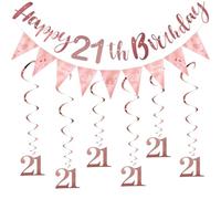 Set di striscioni decorative per il 21° compleanno, con 6 ghirlanda, spirali e 6 bandierine, decorazione per il 21° compleanno, per donne, ghirlanda da 2 m, decorazione per feste per 21 anni, in oro
