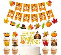 Set di striscioni e decorazioni per feste del Ringraziamento, ghirlanda a tema autunnale con scritta "Give Thanks" con decorazioni per torte per raccolto autunnale, decorazione fai da te